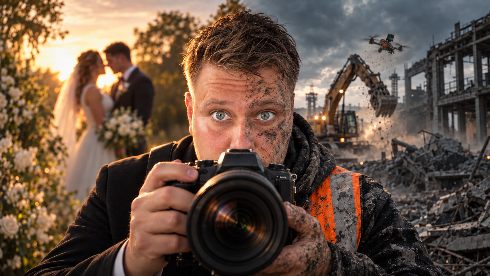 Philipp mit Kamera zwischen einer Hochzeitswelt und einer Baustellenwelt